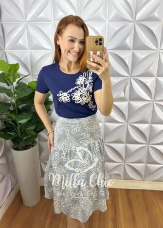 Saia Argélia Em Bordado Bordone - Cinza - Milla Chic