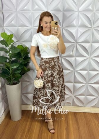Saia Argélia Em Bordado Bordone - Marrom - Milla Chic