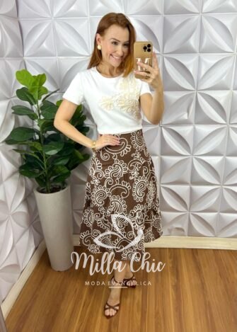 Saia Argélia Em Bordado Bordone - Marrom - Milla Chic