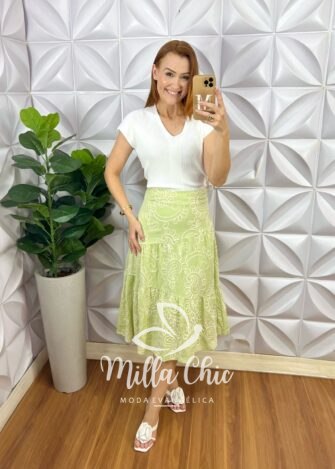 Saia Argélia Em Bordado Bordone - Verde - Milla Chic