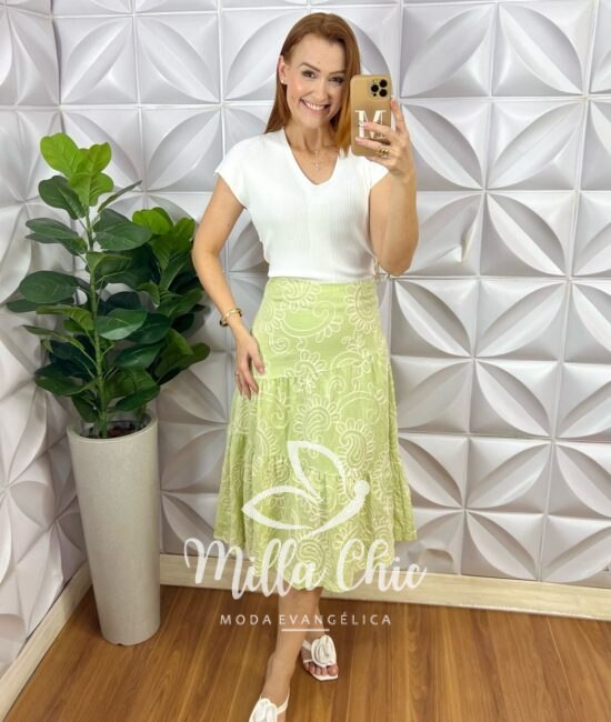 Saia Argélia Em Bordado Bordone - Verde - Milla Chic