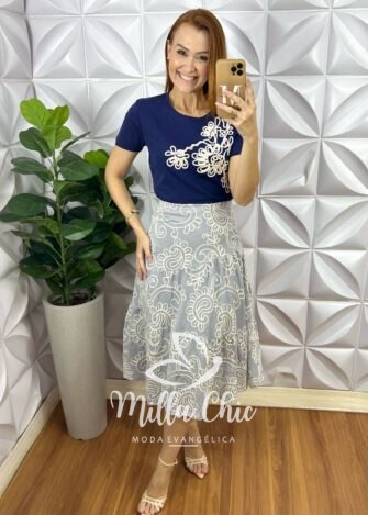 Saia Argélia Em Bordado Bordone - Cinza - Milla Chic