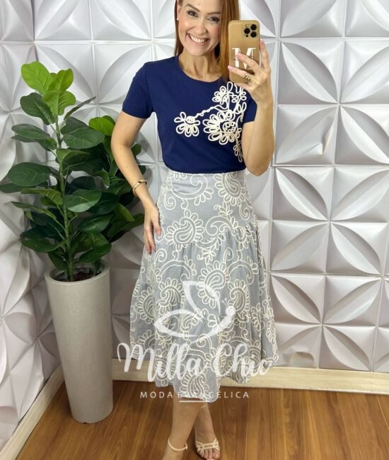 Saia Argélia Em Bordado Bordone - Cinza - Milla Chic