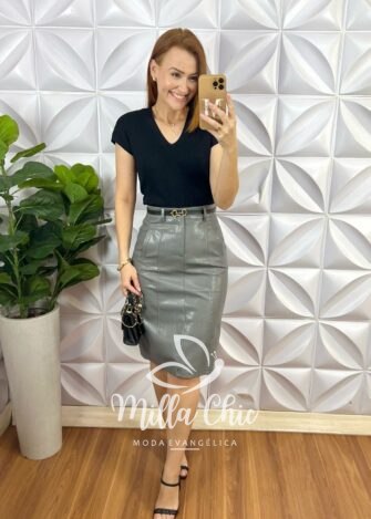 Saia Belize Em Sarja Couro - Cinza - Milla Chic