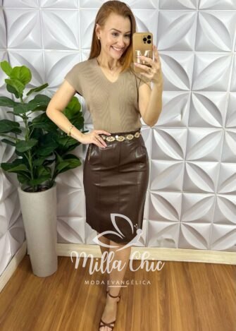 Saia Belize Em Sarja Couro - Marrom - Milla Chic