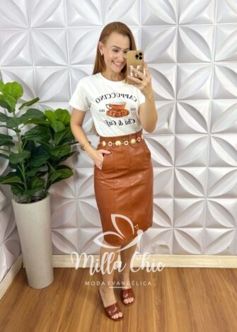 Saia Belize Em Sarja Couro - TerraCota - Milla Chic