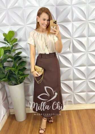 Saia Eva Em Linho - Marrom - Milla Chic