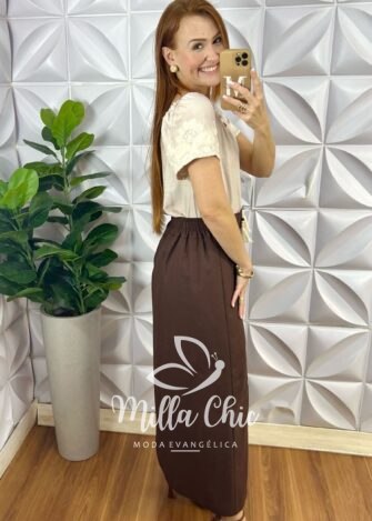 Saia Eva Em Linho - Marrom - Milla Chic