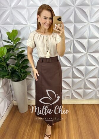Saia Eva Em Linho - Marrom - Milla Chic