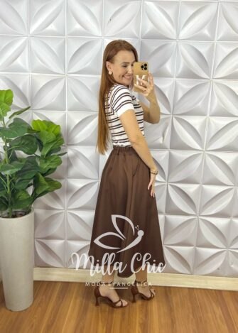 Saia Stella Em Alfaiataria - Marrom - Milla Chic