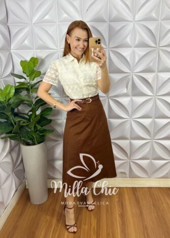 Saia Kora Em Sarja - Marrom - Milla Chic