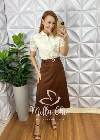 Saia Kora Em Sarja - Marrom - Milla Chic
