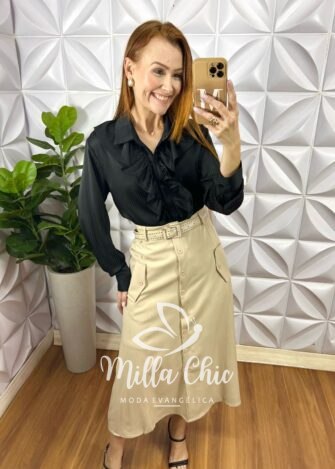 Milla Chic - millachic com br saia mafalda em linho com cinto areia Saia Mafalda Em Linho Com Cinto - Areia - Milla Chic