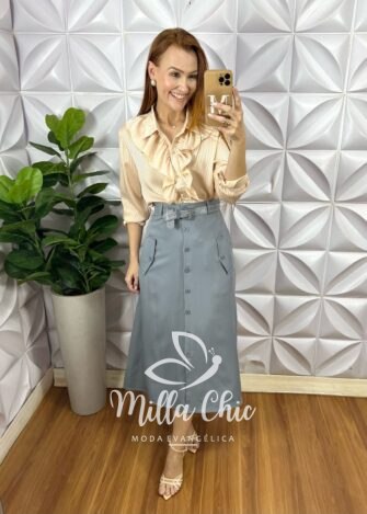 Saia Mafalda Em Linho Com Cinto - Cinza - Milla Chic