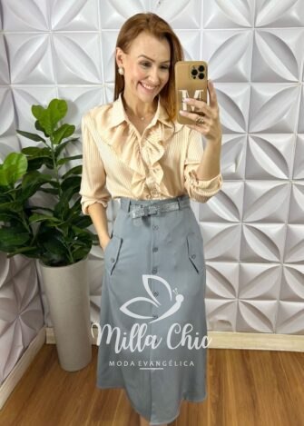 Saia Mafalda Em Linho Com Cinto - Cinza - Milla Chic