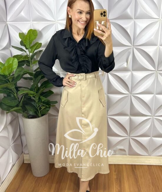 Saia Mafalda Em Linho Com Cinto - Areia - Milla Chic