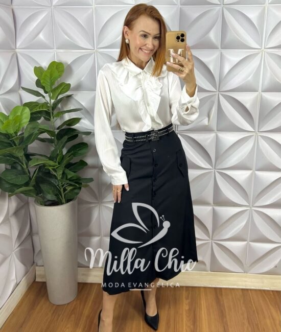Saia Mafalda Em Linho Com Cinto - Preta - Milla Chic