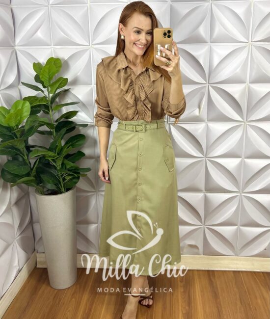 Saia Mafalda Em Linho Com Cinto - Caqui - Milla Chic