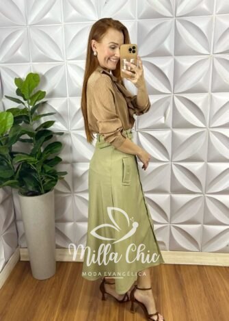 Milla Chic - millachic com br saia mafalda em linho com cinto verde Saia Mafalda Em Linho Com Cinto - Caqui - Milla Chic