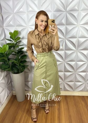 Milla Chic - millachic com br saia mafalda em linho com cinto verde 4 Saia Mafalda Em Linho Com Cinto - Caqui - Milla Chic