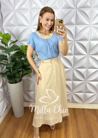 Saia Odete Longa Em Alfaiataria Marrant - Areia - Milla Chic