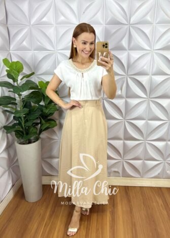 Saia Odete Longa Em Alfaiataria Marrant - Areia - Milla Chic