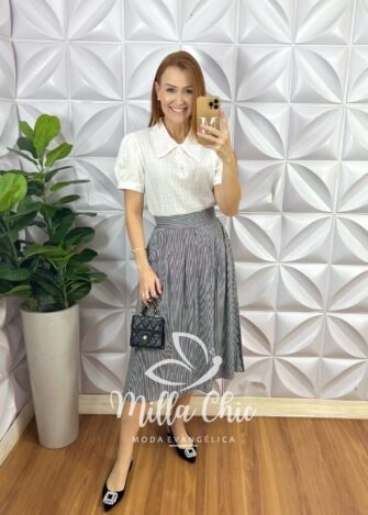 Saia Samanta Em Viscolinho - Listrada - Milla Chic