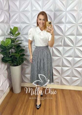 Saia Samanta Em Viscolinho - Listrada - Milla Chic