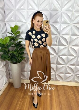 Saia Samanta Em Viscolinho - Marrom - Milla Chic