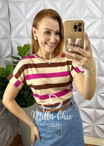 Tshirt Galles Listrada Com Manga - Marrom e Rosa - Milla Chic