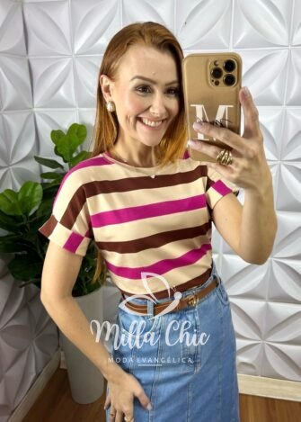 Tshirt Galles Listrada Com Manga - Marrom e Rosa - Milla Chic