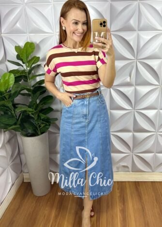 Tshirt Galles Listrada Com Manga - Marrom e Rosa - Milla Chic