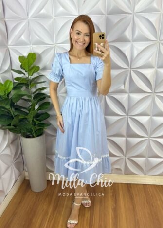 Vestido Andorra Em Tricoline Com Guipper - Azul Claro - Milla Chic
