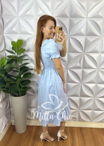 Vestido Andorra Em Tricoline Com Guipper - Azul Claro - Milla Chic