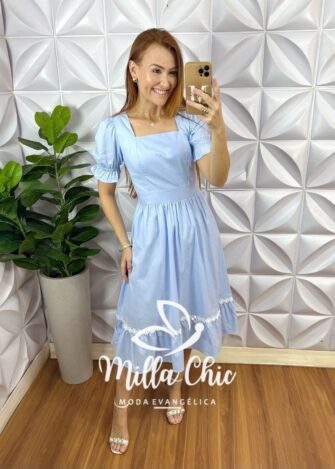 Vestido Andorra Em Tricoline Com Guipper - Azul Claro - Milla Chic