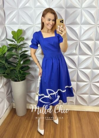 Vestido Andorra Em Tricoline Com Guipper - Azul Bic - Milla Chic