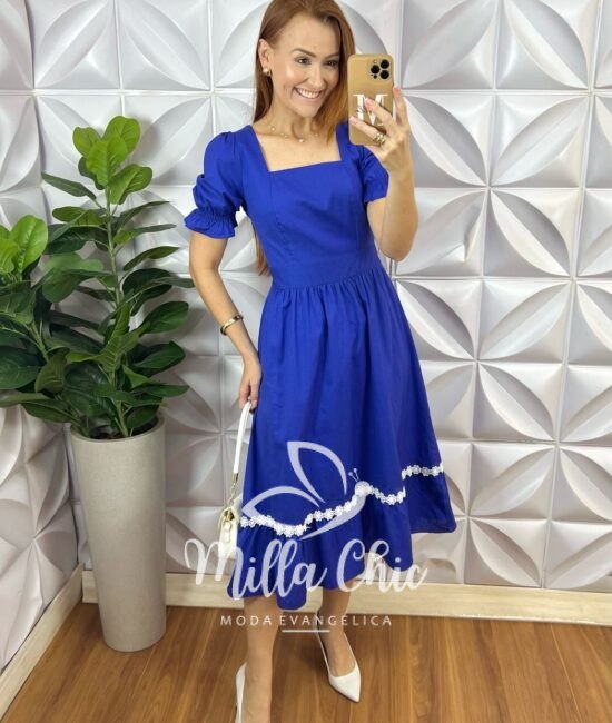 Vestido Andorra Em Tricoline Com Guipper - Azul Bic - Milla Chic