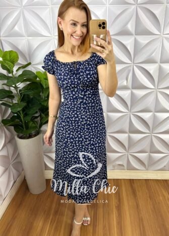 Vestido Camponesa Reto - Azul Marinho - Milla Chic