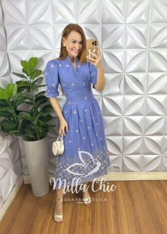 Milla Chic - millachic com br vestido carolaine em lesie algodao 3d azul 2 Vestido Carolaine Em Lesie Algodão 3D - Azul - Milla Chic
