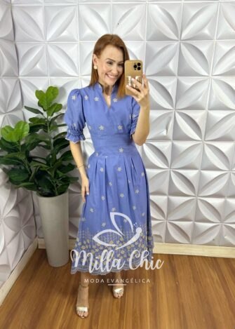 Milla Chic - millachic com br vestido carolaine em lesie algodao 3d azul 4 Vestido Carolaine Em Lesie Algodão 3D - Azul - Milla Chic