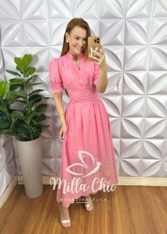 Vestido Carolaine Em Lesie Algodão 3D - Rosa - Milla Chic