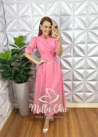 Milla Chic - millachic com br vestido carolaine em lesie algodao 3d rosa 5 Vestido Carolaine Em Lesie Algodão 3D - Rosa - Milla Chic