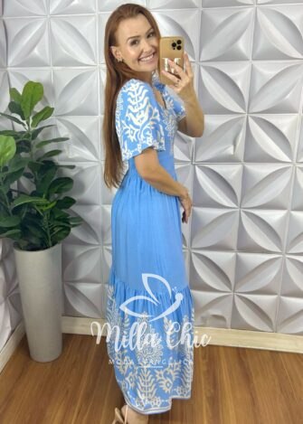 Vestido Dubai Viscolinho Estampado - Azul Estampado - Milla Chic