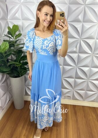 Vestido Dubai Viscolinho Estampado - Azul Estampado - Milla Chic