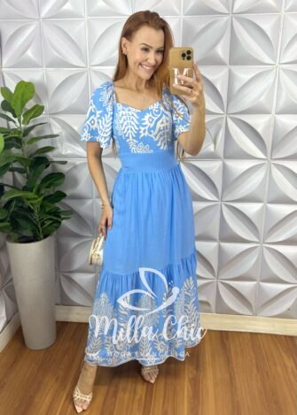 Vestido Dubai Viscolinho Estampado - Azul Estampado - Milla Chic
