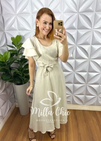 Vestido Linho Inês - Areia - Milla Chic