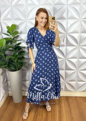 Vestido Liz Viscolinho Estampado - Azul - Milla Chic