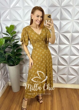 Vestido Liz Viscolinho Estampado - Mostarda - Milla Chic
