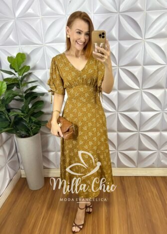 Milla Chic - millachic com br vestido liz viscolinho estampado marrom 3 Vestido Liz Viscolinho Estampado - Mostarda - Milla Chic