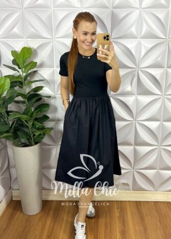 Vestido Marjorie Tricoline Com Canelado - Preto - Milla Chic